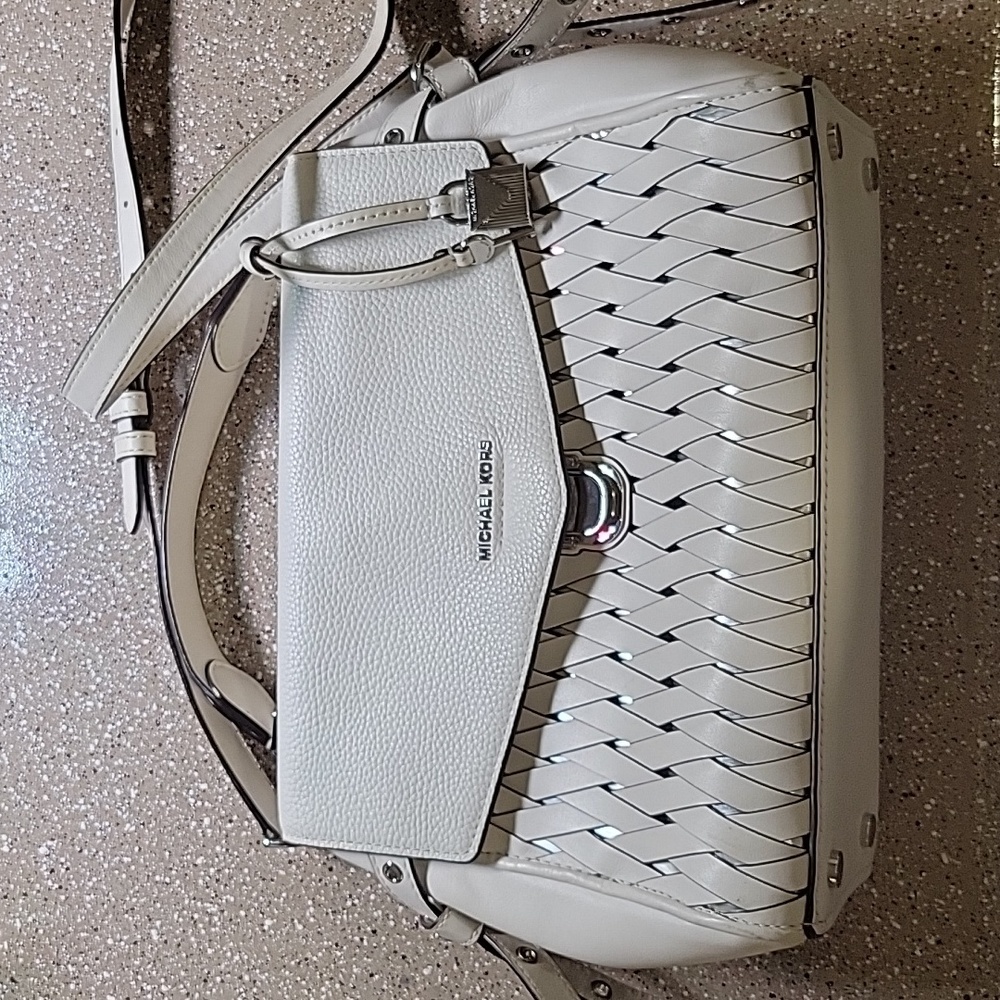 Michael Kors Bristol Medium Woven Leather Optic White Leather Satchel